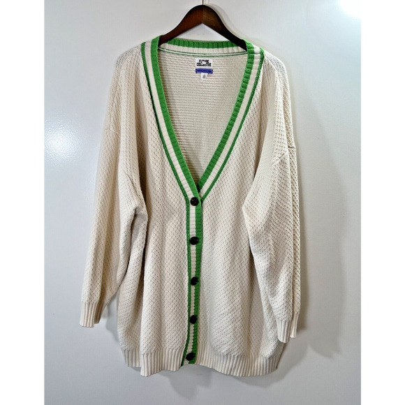 Future Collective Women’s Wool Blend Cardigan Size 4X Cream Green Varsity Preppy - Picture 2 of 8